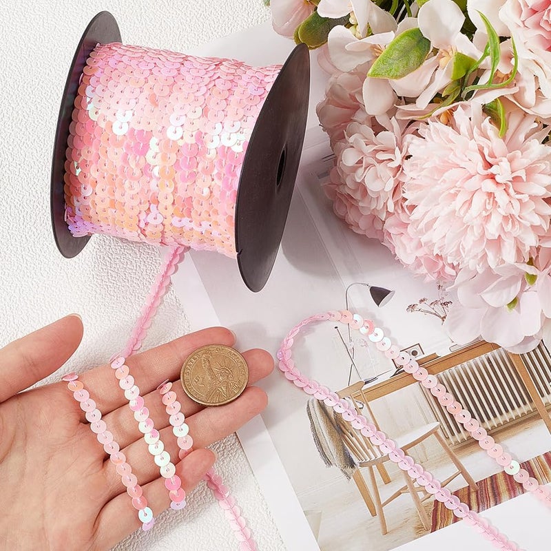 SOFPLATE 100 Yards 6mm Flat Sequin Strips Pink Sequin Ribbon Trim Paillette String Metallic Sequins String Holographic Shiny Sequins Roll for Crafts Sewing Dress Costume Headband Fringe Embellishments - Image 3